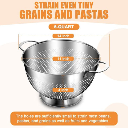 Stainless Steel Colander for Kitchen | 5 Quart Durable Rice and Pasta Strainer with Handle | Oversized Handles | Nesting Design | Rust-Resistant & Dishwasher Safe - Image 2