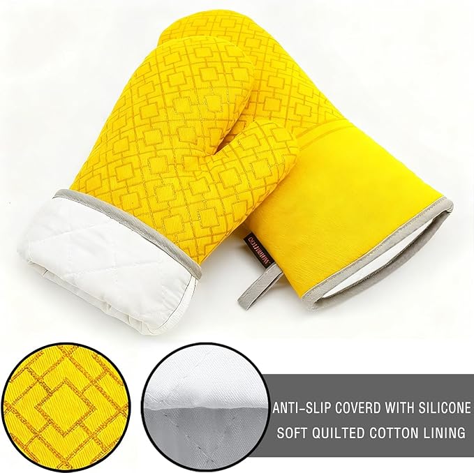 Oven Mitts and Pot Holders Sets 6pcs, Kitchen Oven Glove,High Heat Resistant 550 Degree Extra Long Oven Mitts and Potholders with Non-Slip Silicone Surface for Home Essentials (Grey) (Yellow) - Image 3