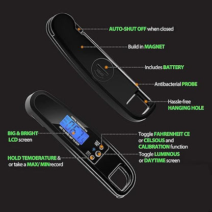 Meat Thermometer Digital, IP67 Waterproof Cooking Thermometer with Backlight & Hold Function, Instant Read Food Thermometer for Cooking, Outdoor Grilling, Candy Making (Black)