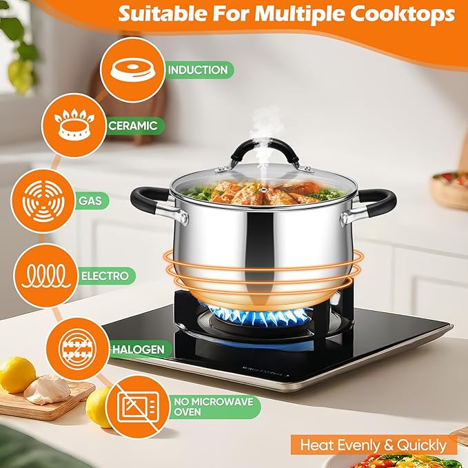 P&P CHEF Stainless Steel Stock Pot, 4 Qt Cooking Soup Pot with Visible Lid for Pasta, Tri-Ply Bottom & Dual Heatproof Handles, For Induction Gas All Stoves, Non-Toxic & Dishwasher Safe - Image 6