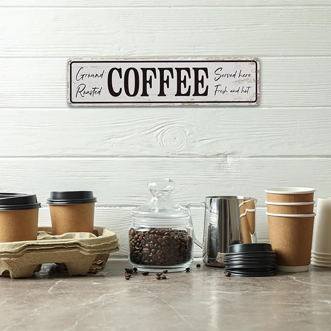 Coffee Signs for Coffees Corner Decor, Ground Roasted Coffee Served Here Sign, Retro Metal Tin Sign, Farmhouse Kitchen Wall Decor, Cafe Decoration, Decorative Metal Wall Signs 15.8x4 Inches - Image 4