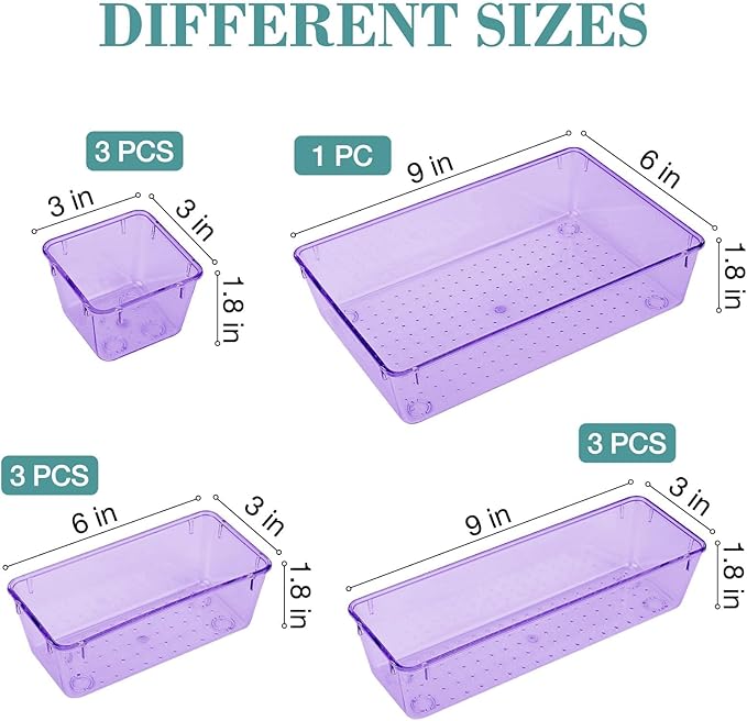 StorMiracle 10 PCS Drawer Organizer Set, 4 Varied Size Bathroom and kitchen Drawer cabinet organizer Trays, Clear Storage Bins for Makeup, Jewelry, Utensils and Gadgets, Purple - Image 2