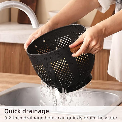 Metal Colander with Wood Handle and Stable Base, Powder Coated Steel Kitchen Strainer Basket for Draining Pasta, Vegetable and fruit(5.5quart,Matte Black) - Image 7