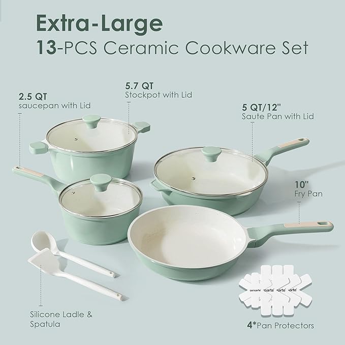SENSARTE Nonstick Ceramic Cookware Set Large 13-Piece, Healthy Pots and Pans Set Dishwasher Safe, Non-toxic Kitchen Cooking Set with Stay-Cool Handles, Induction Compatible, PFAS Free, Green - Image 2