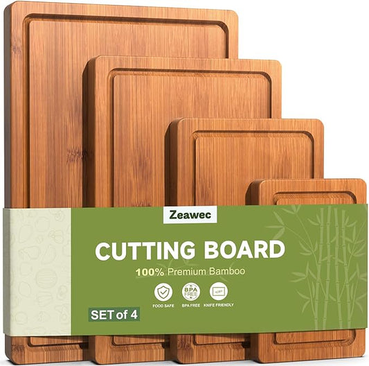 4-Piece Set Bamboo Cutting Board for Kitchen - Crack-Resistant Wood Chopping Boards with Deep Juice Grooves, Pre-Oiled Butcher Block for Meat, Vegetables & Cheese, Carbonized by Unknown