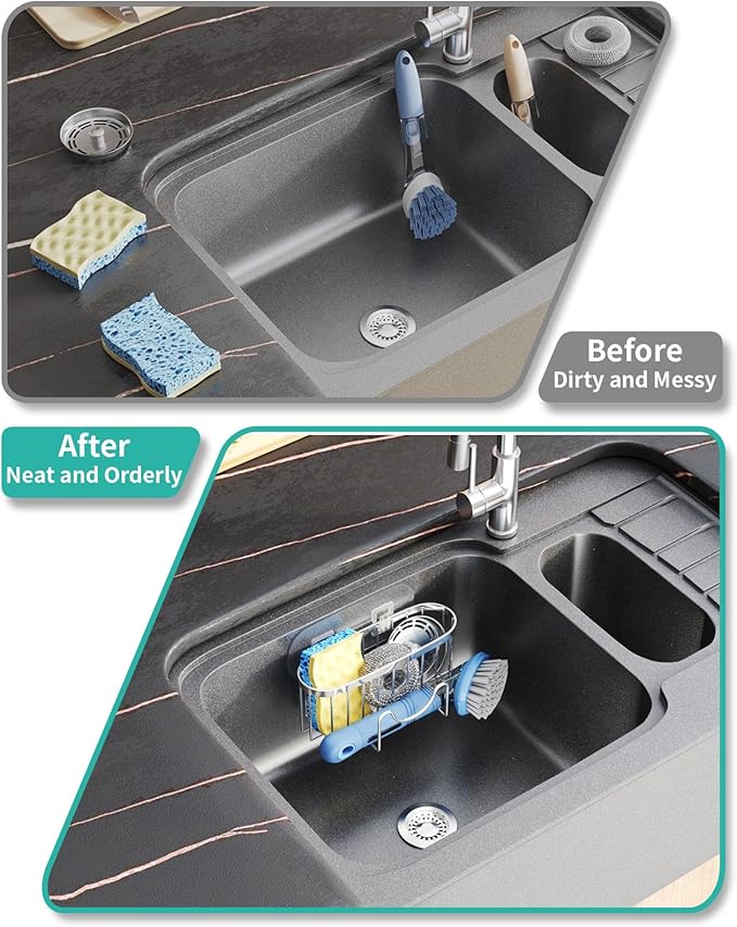 HapiRm Kitchen Sponge Holder for Sink - 2 Installation Methods Kitchen Sink Caddy Organizer with Unique M-Shaped, Rustproof Stainless Steel Sponge Caddy - Silver (Large) - Image 6