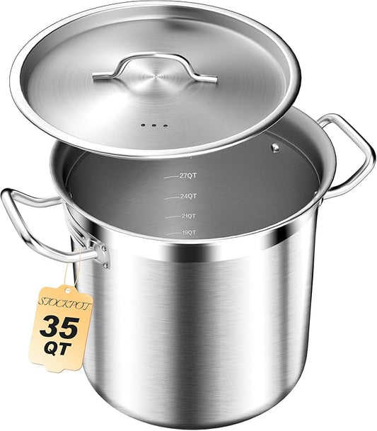 STOCKPOT Commercial Grade Large Stock Pots - Soup Pot with Lid - Non-Nickel Stainless Steel - Healthy Cookware Polished Stockpots - Heavy Duty - 35 Quart (8.8Gallon)