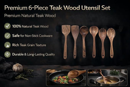Teak Wood Kitchen Utensils Set – 6 Piece, Sustainable Teak Cooking Utensils, Non-Stick Safe, Heat Resistant Wooden Spoons & Spatulas