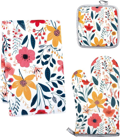 3 Pcs Kitchen Stuff,Wild Floral Kitchen Oven Mitts and Pot Holders Sets with Microfiber Kitchen Towels, Kitchen Accessories,Gifts for Women