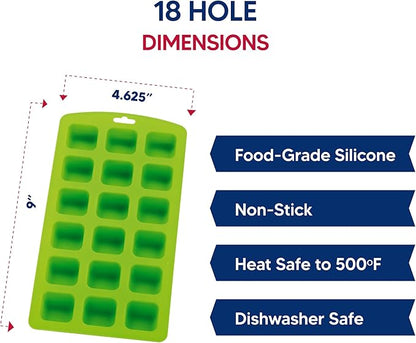 HIC Kitchen Silicone 18-Hole Ice Tray, Non-Stick, Set of 2, Each Tray Makes 18 Square Cubes