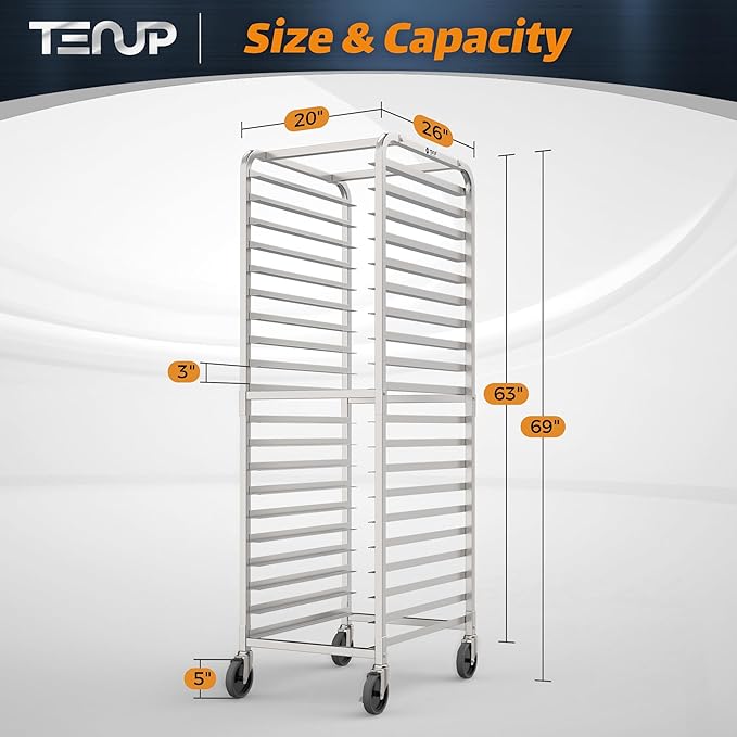 TenUp 20-Tier NSF Aluminum Sheet Pan Rack, Commercial Bakery Cooling & Storage Cart with Wheels, Heavy-Duty Bun Rack – 26" L x 20" W x 69" H - Image 2