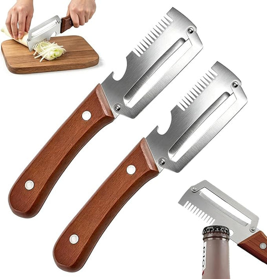 2 Pack 3-in-1 Multifunctional Vegetable Peeler with Wooden Handle - Potato Peeler with Julienne Slicer & Bottle Opener, Stainless Steel Blade, Right Handed Kitchen Tool
