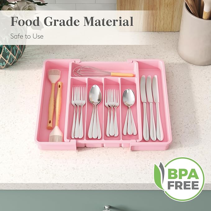 Lifewit Silverware Drawer Organizer, Expandable Utensil Tray for Kitchen, BPA Free Flatware and Cutlery Holder, Adjustable Plastic Storage for Spoons Forks Knives, 8.5"-14.1" x 12.1", Pink - Image 6