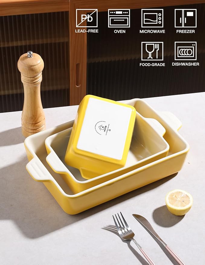 Sweejar Ceramic Bakeware Set, Rectangular Baking Dish for Oven Lasagna Pans for Cooking, Kitchen, Cake Dinner, Banquet and Daily Use, 11.8 x 7.8 x 2.76 Inches of Casserole Dishes (Yellow) - Image 2