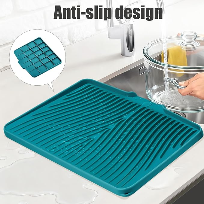 TIKNIK Silicone Dish Drying Mat, Stone Drying Mat for Kitchen Counter with Built-In Drain, Non-Slip Drain Pad with Built-in Drain, Heat Resistant Stone Drying Mat, 1Pcs 20" x 15", Green - Image 4