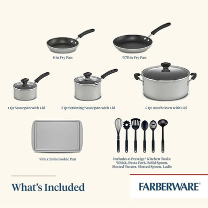 Farberware Cookstart DiamondMax Nonstick Cookware/Pots and Pans Set, Dishwasher Safe, Includes Baking Pan and Cooking Tools, 15 Piece - Silver - Image 4