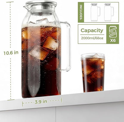 2 Pack 2 Liters 68 oz Square Glass Pitcher with Lid, Water Pitchers with Handle for Fridge, Borosilicate Glass Carafe for Hot/Cold Drink, Large Iced Tea Pitcher for Jug, Coffee, Juice, Milk, Beverage