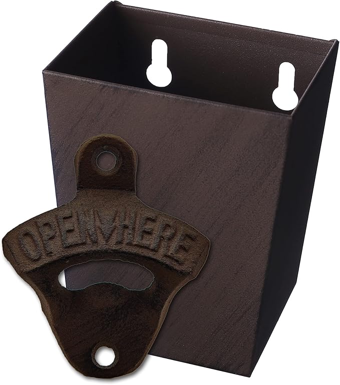 Rustic Cast Iron Beer Bottle Opener Wall Mounted with Cap Catcher Vintage Narrow Bundle by Wallmountedbottleopener