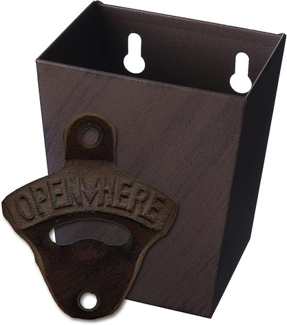 Rustic Cast Iron Beer Bottle Opener Wall Mounted with Cap Catcher Vintage Narrow Bundle by Wallmountedbottleopener
