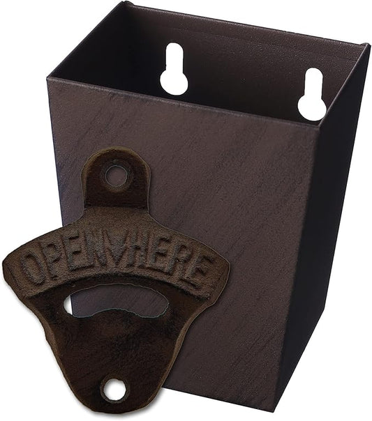 Rustic Cast Iron Beer Bottle Opener Wall Mounted with Cap Catcher Vintage Narrow Bundle by Wallmountedbottleopener