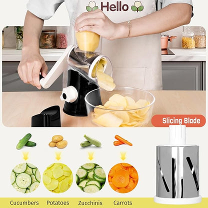 X Home Rotary Cheese Grater for Kitchen, Shredder with 3 Interchangeable Blades, Rotary Grater with Handle and Strong Suction Base, for Vegetables, Fruit, Nuts, Easy to Use and Clean, Black - Image 3