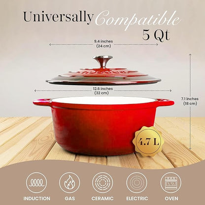 Cast Iron Pot with Lid – Non-Stick Ovenproof Enamelled Casserole Pot, Oven Safe up to 500° F – Sturdy Dutch Oven Cookware – Red, 5-Quart, 24cm – by Nuovva - Image 2