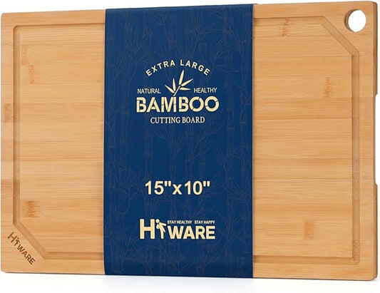 Hiware Bamboo Cutting Board for Kitchen, Heavy Duty Wood Cutting Board with Juice Groove, 100% Organic Bamboo, Pre Oiled, 15" x 10" by HIWARE