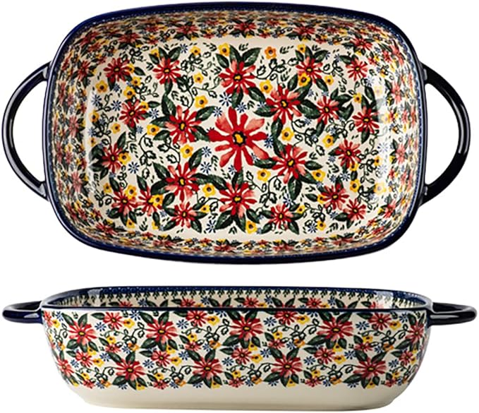 Red Daisy Flower Vintage Style Ceramic Bakeware Casserole Dish Baking Pan Lasagna Pans Baking Dish with Handles for Oven/Cooking/Kitchen-1 PCS, 60 OZ by Bicuzat