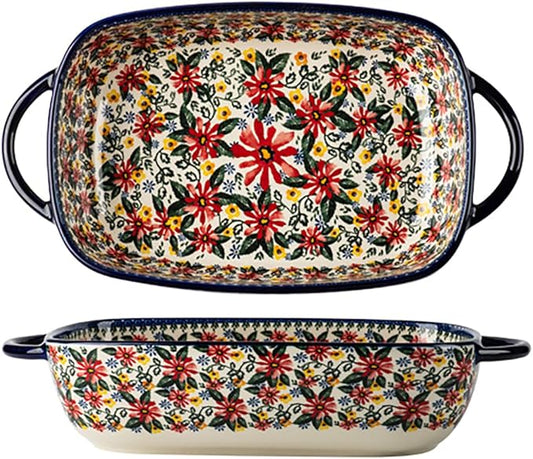 Red Daisy Flower Vintage Style Ceramic Bakeware Casserole Dish Baking Pan Lasagna Pans Baking Dish with Handles for Oven/Cooking/Kitchen-1 PCS, 60 OZ by Bicuzat