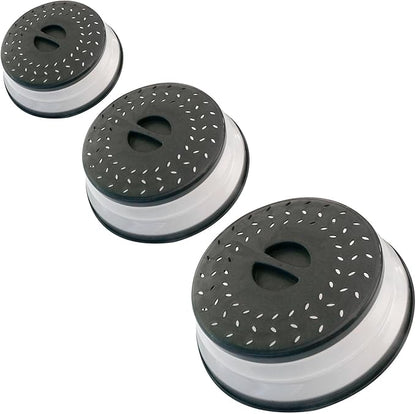 Collapsible Microwave Splatter Cover, Microwave Plate Cover With Steam Vent，BPA-Free Silicone & Plastic (black, Set of 3)