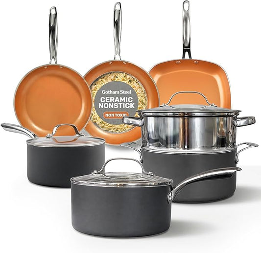 Gotham Steel 12 Pc Ceramic Cookware Set Nonstick, Ceramic Pots and Pans Set Non Stick with Steamer for Cooking, Non Toxic PFOA PFOS Free, Ergonomic Stay Cool Handles, Oven & Dishwasher Safe, Copper