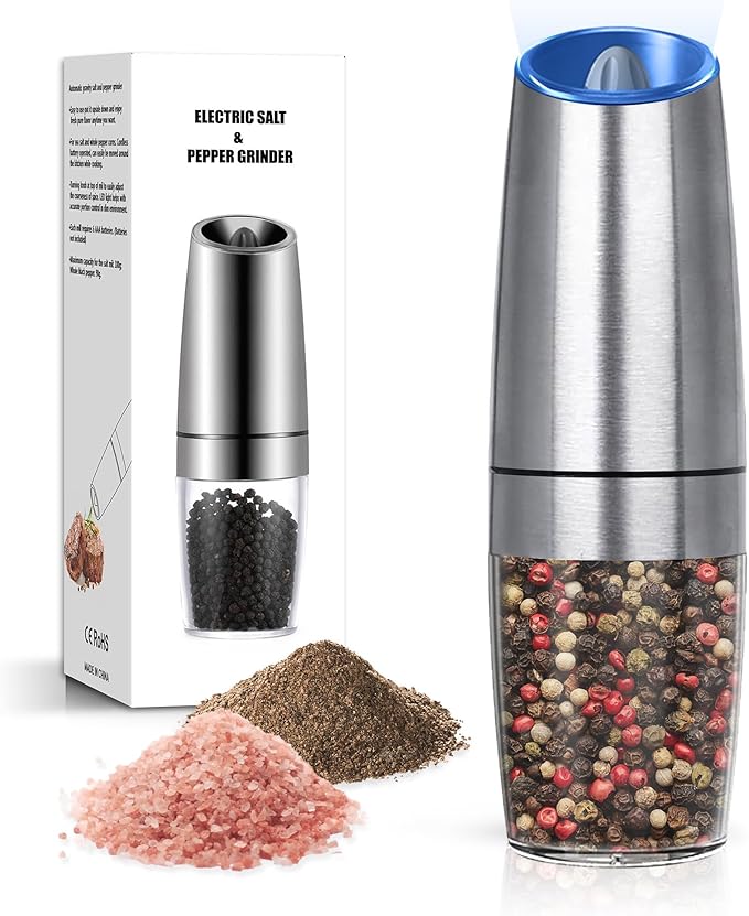 Battery Operated Salt And Pepper Grinder with LED Light, Automatic Electric Gravity Salt And Pepper Shakers, Each 6 AAA Batteries Needed, Adjustable Roughness, 1 Pack (Silver) by Unknown
