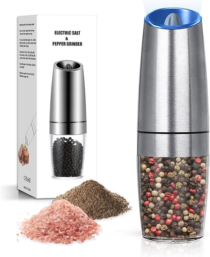 Battery Operated Salt And Pepper Grinder with LED Light, Automatic Electric Gravity Salt And Pepper Shakers, Each 6 AAA Batteries Needed, Adjustable Roughness, 1 Pack (Silver) by Unknown