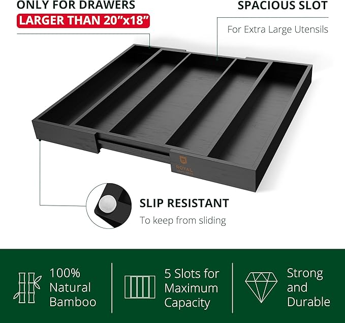 ROYAL CRAFT WOOD Luxury Bamboo Kitchen Drawer Organizer - Silverware Organizer - Utensil Holder and Cutlery Tray with Grooved Drawer Dividers for Flatware and Kitchen Utensils (5 Slot, Black) - Image 5