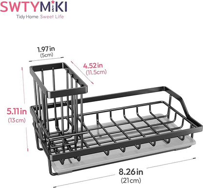 SWTYMIKI Large Sink Caddy Kitchen Sink Organizer with Detachable Brush Holder, Stainless Steel Sponge Holder with Removable Drip Tray Sponge Caddy for Kitchen Countertop, Black - Image 7