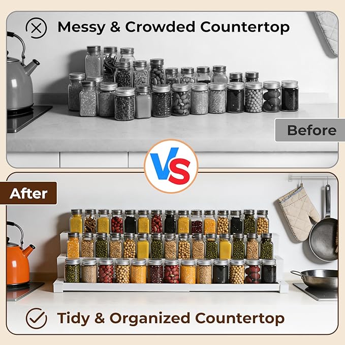 3-Tier Spice Rack Organizer for Kitchen Cabinet or Pantry, 16"-29" Expandable Spice Organization Shelf, Seasoning Organizer, Metal Display Shelf, Slip-Resistant Design for Jars and Bottles, White - Image 5