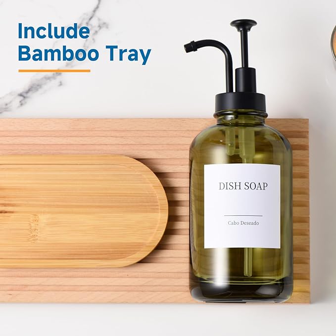 Glass Soap Dispenser with Pump, Dish and Hand Soap Dispenser for Kitchen Bathroom Set, Clear Glass Dispenser Set of 2 Pack with 18 Stickers Funnel Bamboo Tray 500ml 18oz Green - Image 4