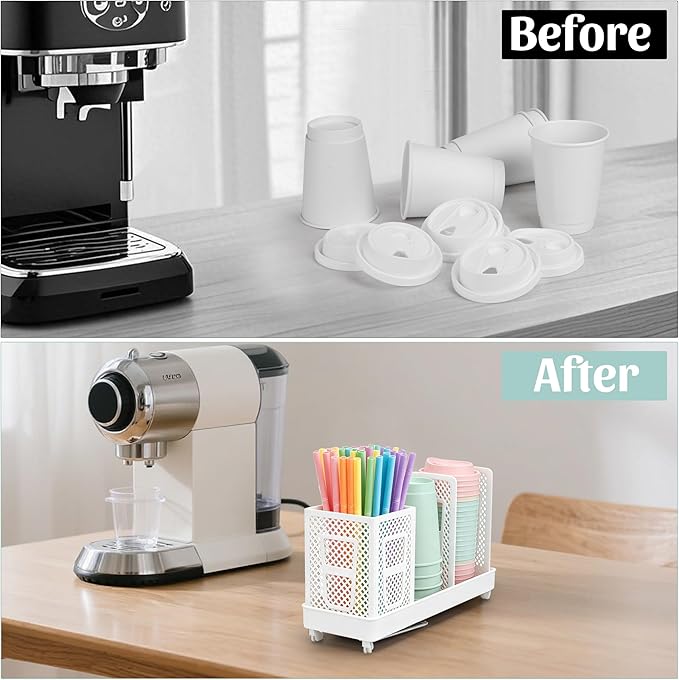 Coffee Cup Dispenser with Straws Holder, Plastic Coffee Cup and Lid Holder, 5-20oz Disposable Paper Cups Organizer for Countertop, Station, Bar, Office, Restaurant, Breakroom (White)