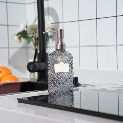 16 oz Diamond Pattern Glass Soap Dispenser, Kitchen and Bathroom Refillable Soap Dispenser with Rust Resistant Stainless Steel Pump for Hand Soap, Lotion Glass Liquid Dispenser(Grey-2pack) - Image 5