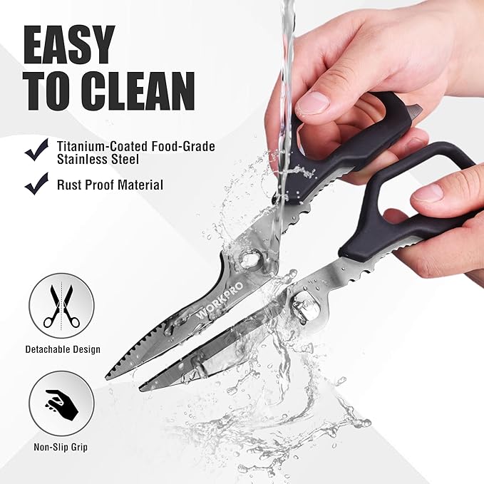 WORKPRO Kitchen Scissors, All Purpose Kitchen Shears with Detachable Stainless Steel Blades, Titanium Coated for Easy Cleaning, Heavy Duty for Meat, Fish, Nuts, Vegetables, Protective Cover Included - Image 3