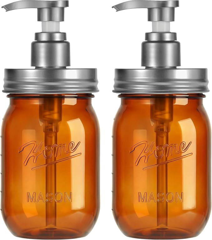 Amolliar Plastic Mason Jar Soap Dispenser with Pump Lid,16OZ Refillable Hand Soap Dispenser Set with Cute Lables - Farmhouse Decor for Kitchen Bathroom, Liquid Soap, Dish Soap, Lotion (2 Pack, Amber) by Amolliar