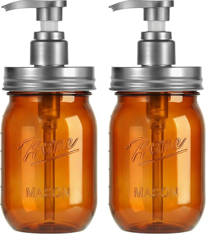 Amolliar Plastic Mason Jar Soap Dispenser with Pump Lid,16OZ Refillable Hand Soap Dispenser Set with Cute Lables - Farmhouse Decor for Kitchen Bathroom, Liquid Soap, Dish Soap, Lotion (2 Pack, Amber) by Amolliar