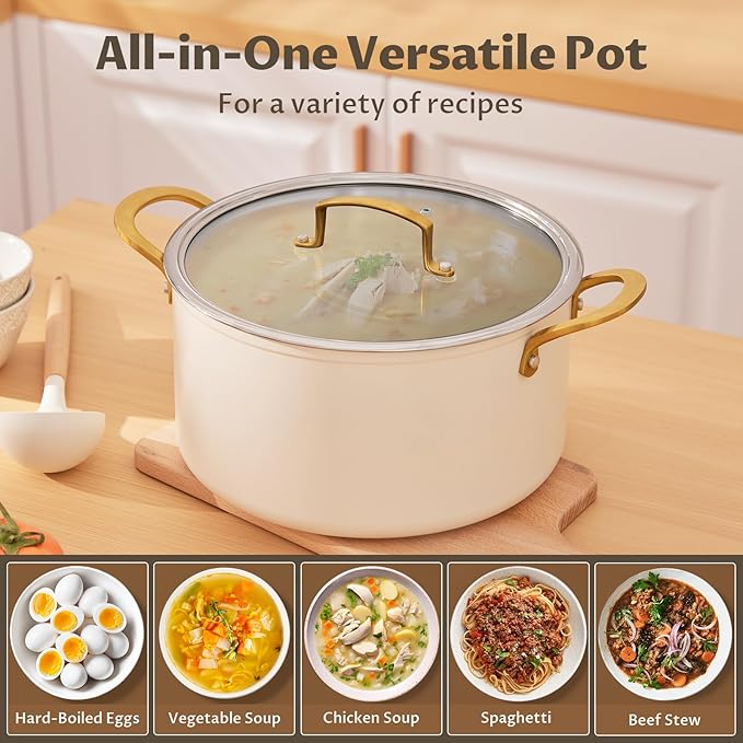 BEZIA 8 Quart Ceramic Stock Pot, Non Toxic Soup Pots with Lid, Non Stick Pot with Stainless Steel Handle, Compatible With Most Cooktops, Even Heat Distribution, Perfect for Soups & Stews, Cream - Image 6