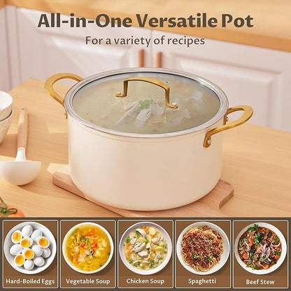 BEZIA 8 Quart Ceramic Stock Pot, Non Toxic Soup Pots with Lid, Non Stick Pot with Stainless Steel Handle, Compatible With Most Cooktops, Even Heat Distribution, Perfect for Soups & Stews, Cream - Image 6
