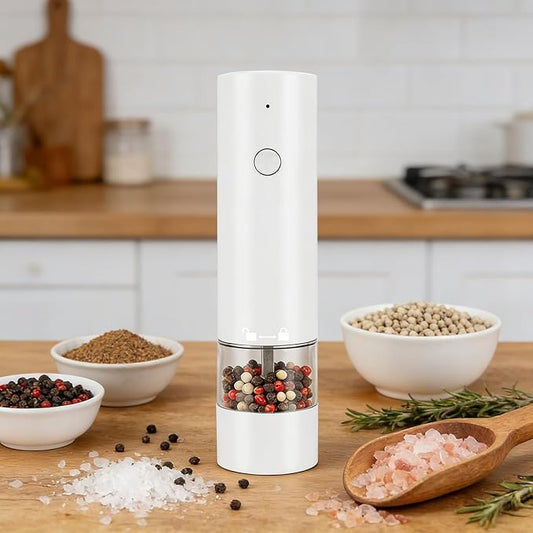 Rechargeable Electric Salt and Pepper Grinder Set, Automatic Pepper Mill with Adjustable Coarseness & One-Hand Operation, Large Capacity Battery-Powered Shakers for Cooking, Kitchen, Gifts (1, White)