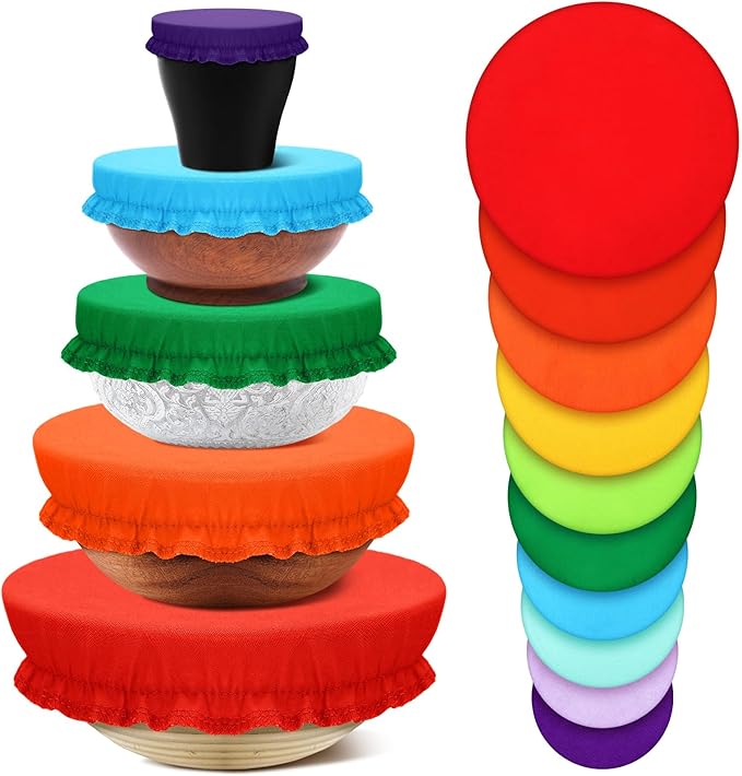Patelai 10 Pcs Bowl Covers Reusable in 5 Size Stretch Cloth Fabric Elastic Food Storage Bowl Covers Bread Sourdough Lids for Proofing Food Fruits Leftover(Rainbow,Rainbow Style) by Patelai