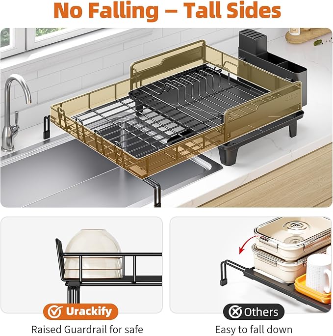 Urackify Dish Drying Rack - Extendable Dish Drainer, Large Dish Rack for Kitchen Counter, Rustproof Dish Strainer with Utensil Holder and Cups Holder, 1 Tier Black - Image 4