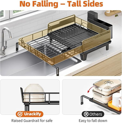 Urackify Dish Drying Rack - Extendable Dish Drainer, Large Dish Rack for Kitchen Counter, Rustproof Dish Strainer with Utensil Holder and Cups Holder, 1 Tier Black - Image 4