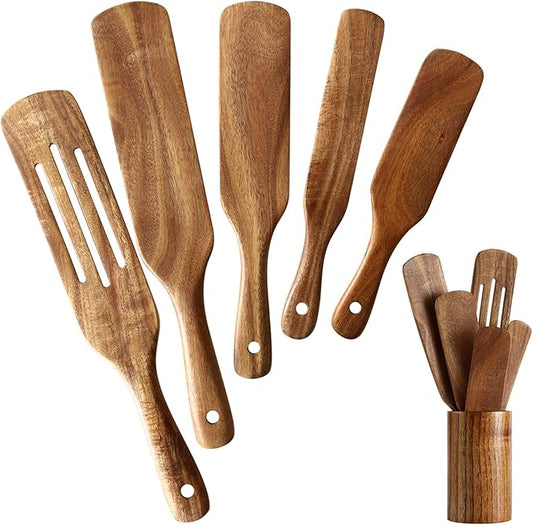 Wooden Spurtles Set with Holder, Natural Teak Kitchen Utensil Set of 6, Heat Resistant Non Stick Wood Cookware with Hanging Hole, Wood Spurtles Spatula Sets for Stirring, Mixing, Serving