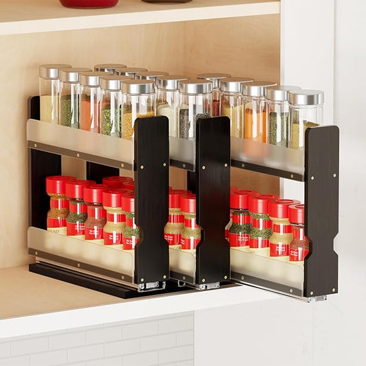 SpaceAid Bamboo Pull Out Spice Rack Organizer for Cabinet, Heavy Duty Slide Out Seasoning Kitchen Pantry Sliding Vertical Organization, 7.6" Wide, 3 Drawers(2" Wide), 2-Tier, Black by SpaceAid